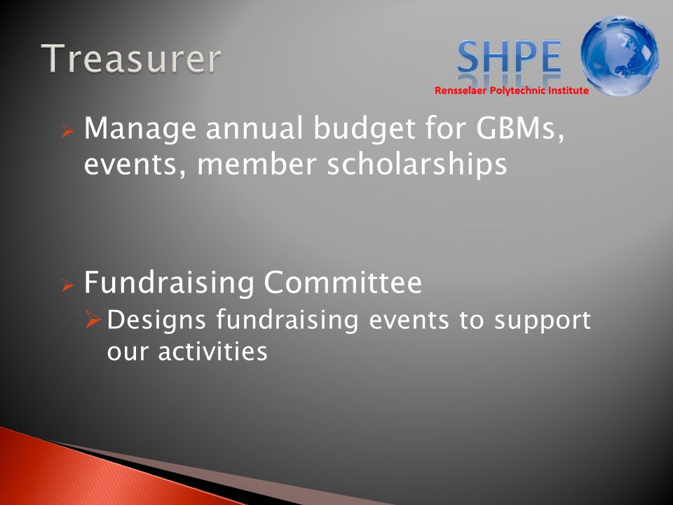  Manage annual budget for GBMs, events, member scholarships  Fundraising Committee  Designs fundraising events to support our activities