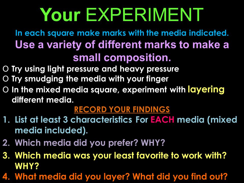 Your EXPERIMENT In each square make marks with the media indicated.