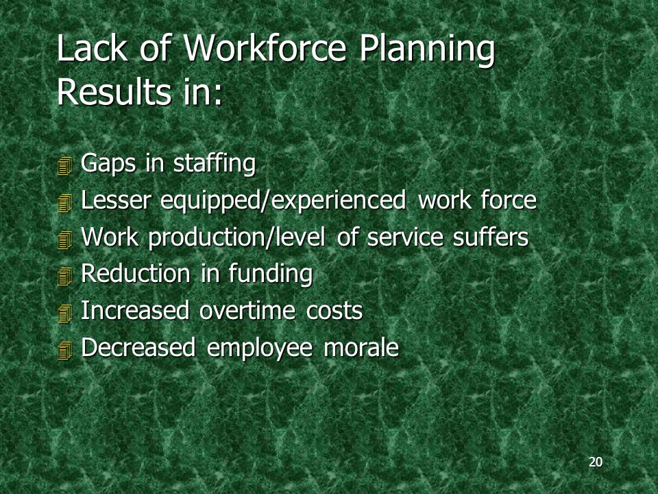 20 Lack of Workforce Planning Results in: 4 Gaps in staffing 4 Lesser equipped/experienced work force 4 Work production/level of service suffers 4 Reduction in funding 4 Increased overtime costs 4 Decreased employee morale