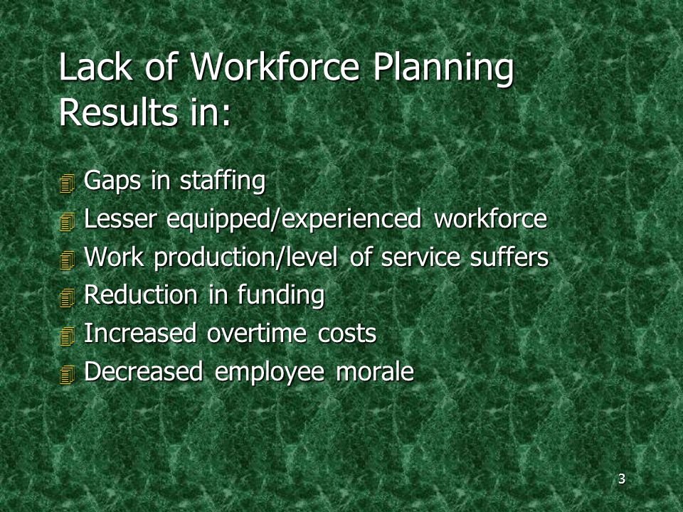 3 Lack of Workforce Planning Results in: 4 Gaps in staffing 4 Lesser equipped/experienced workforce 4 Work production/level of service suffers 4 Reduction in funding 4 Increased overtime costs 4 Decreased employee morale