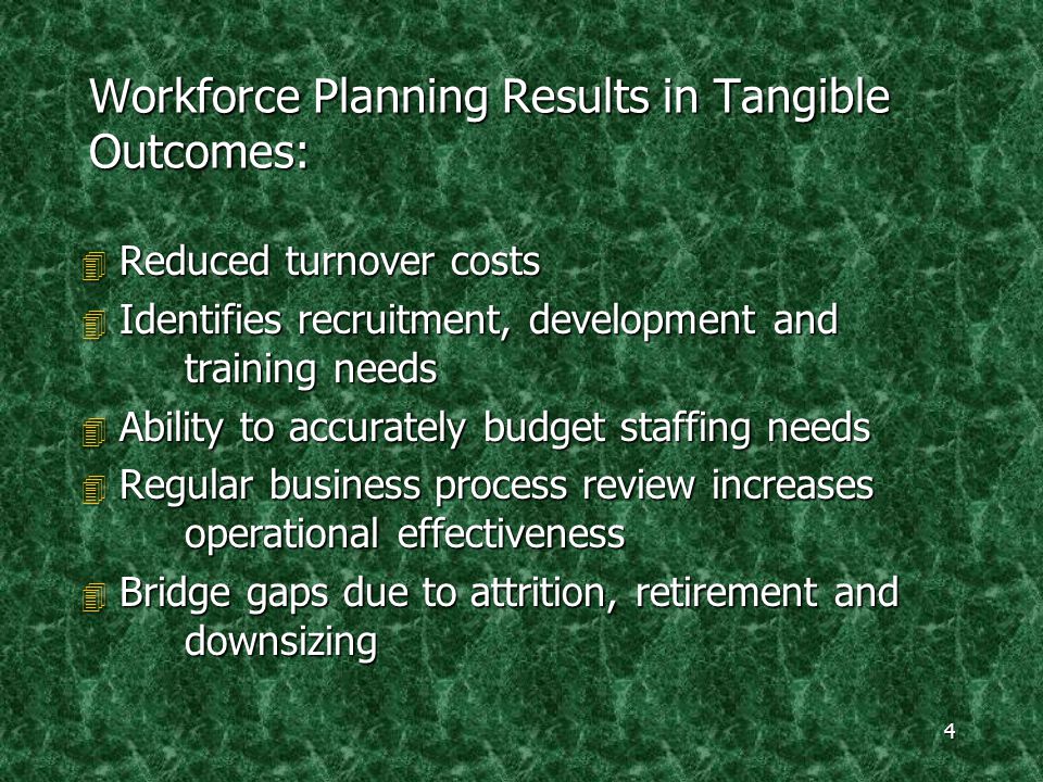 4 Workforce Planning Results in Tangible Outcomes: 4 Reduced turnover costs 4 Identifies recruitment, development and training needs 4 Ability to accurately budget staffing needs 4 Regular business process review increases operational effectiveness 4 Bridge gaps due to attrition, retirement and downsizing