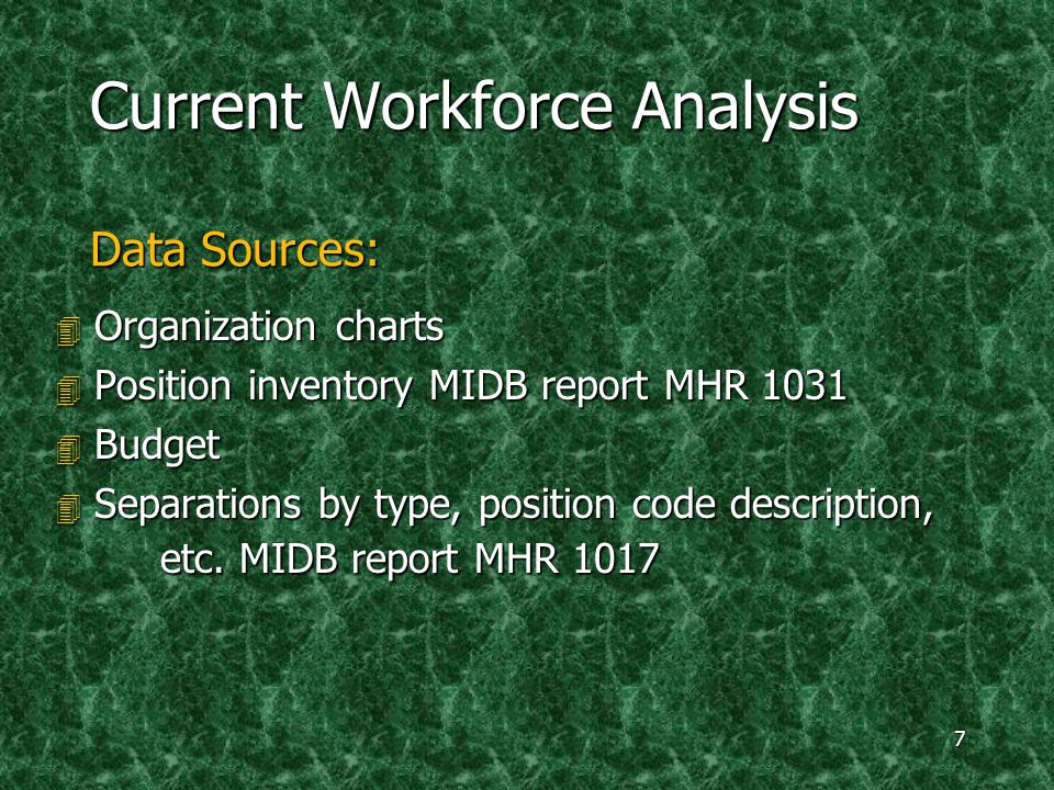 7 Current Workforce Analysis Data Sources: 4 Organization charts 4 Position inventory MIDB report MHR Budget 4 Separations by type, position code description, etc.