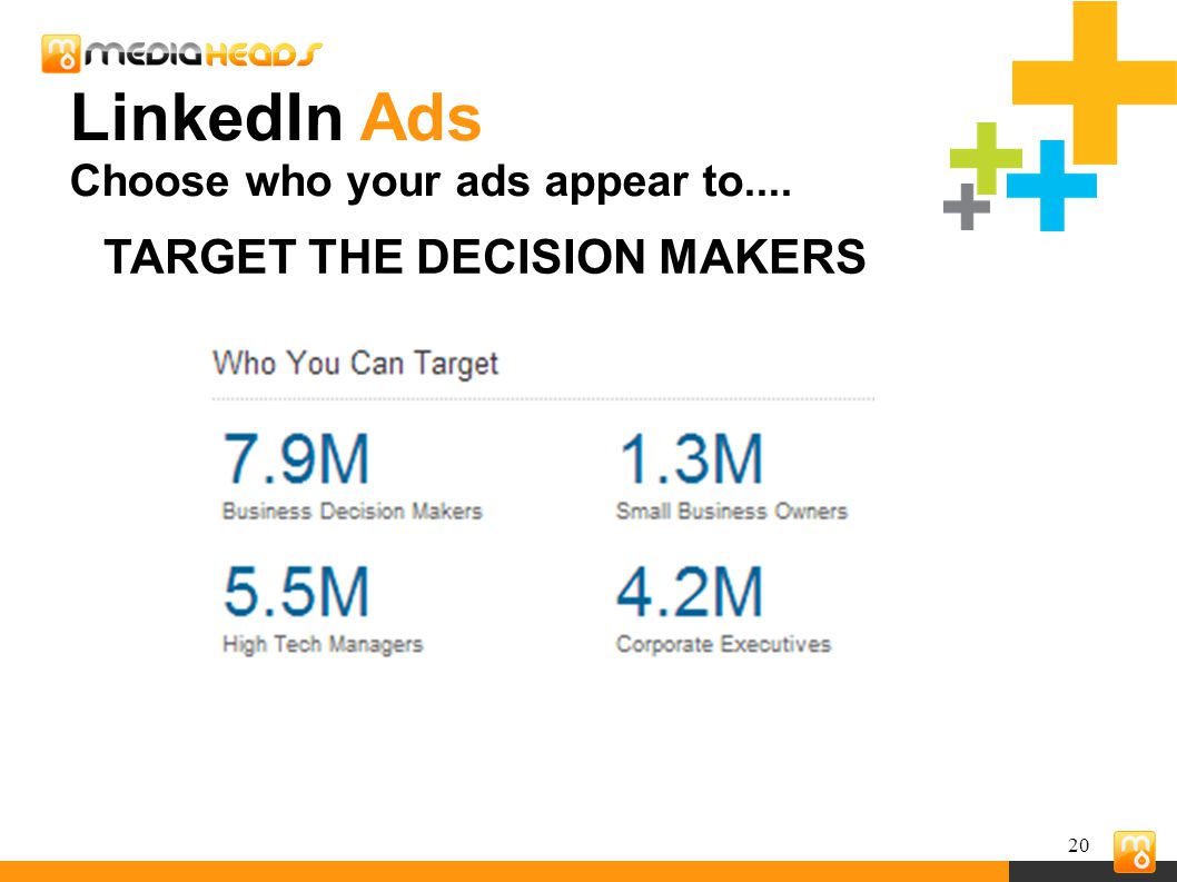 20 TARGET THE DECISION MAKERS LinkedIn Ads Choose who your ads appear to....