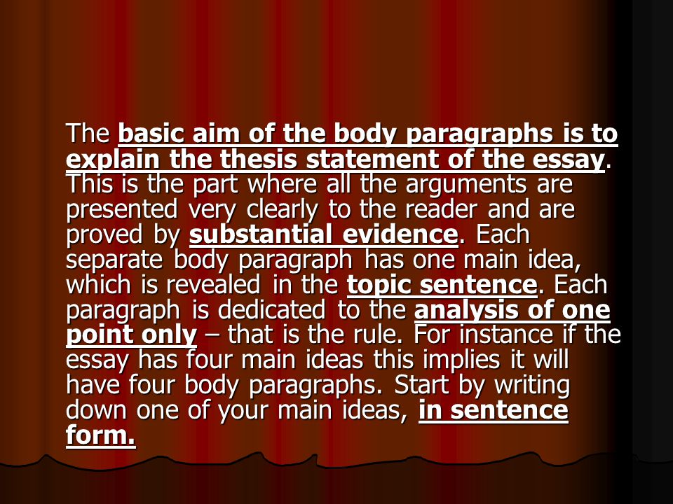 The basic aim of the body paragraphs is to explain the thesis statement of the essay.