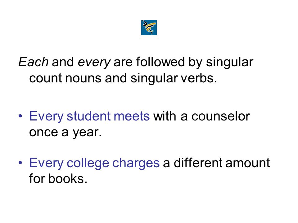 Each and every are followed by singular count nouns and singular verbs.