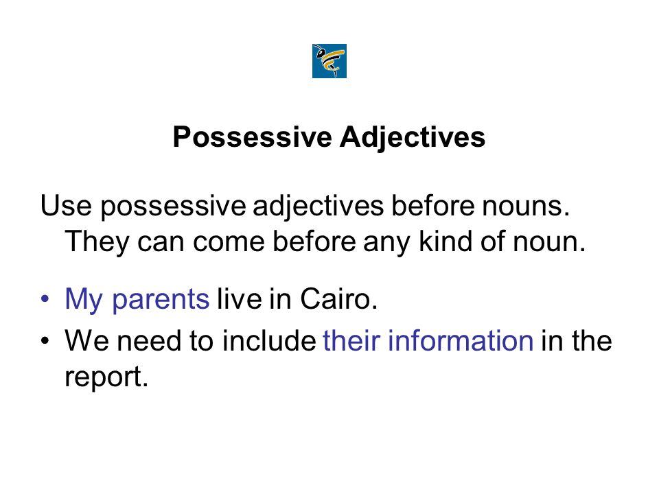 Possessive Adjectives Use possessive adjectives before nouns.