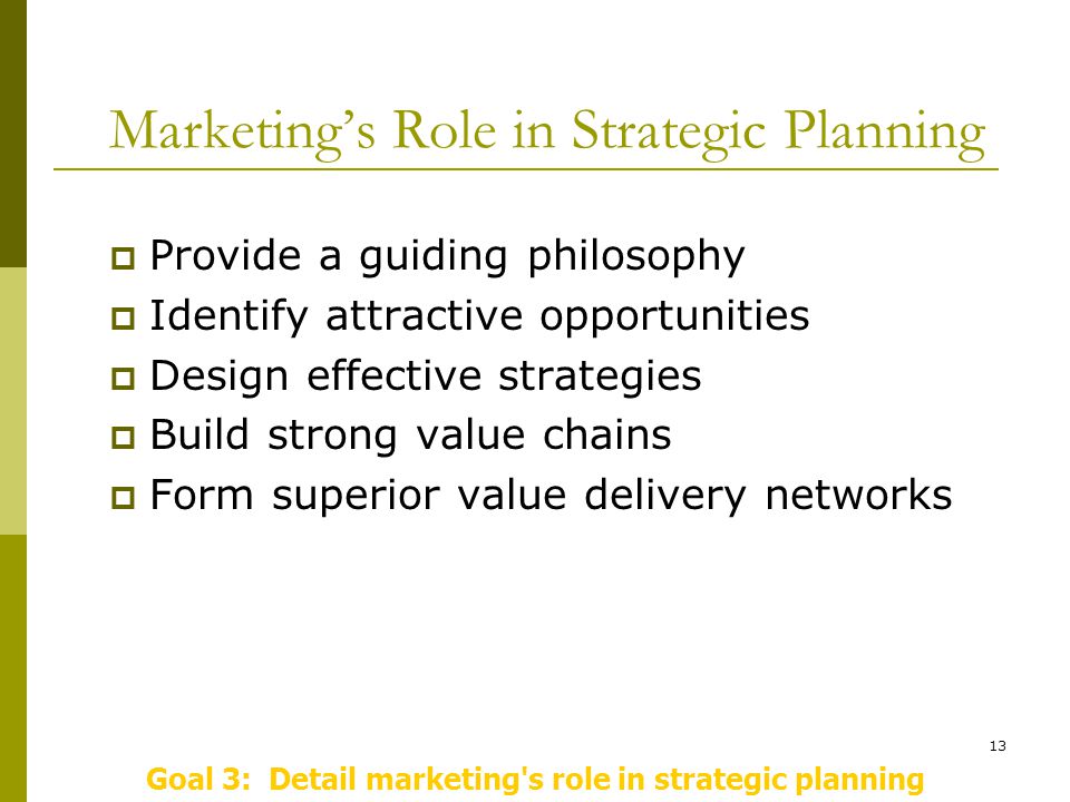 13 Marketing’s Role in Strategic Planning  Provide a guiding philosophy  Identify attractive opportunities  Design effective strategies  Build strong value chains  Form superior value delivery networks Goal 3: Detail marketing s role in strategic planning