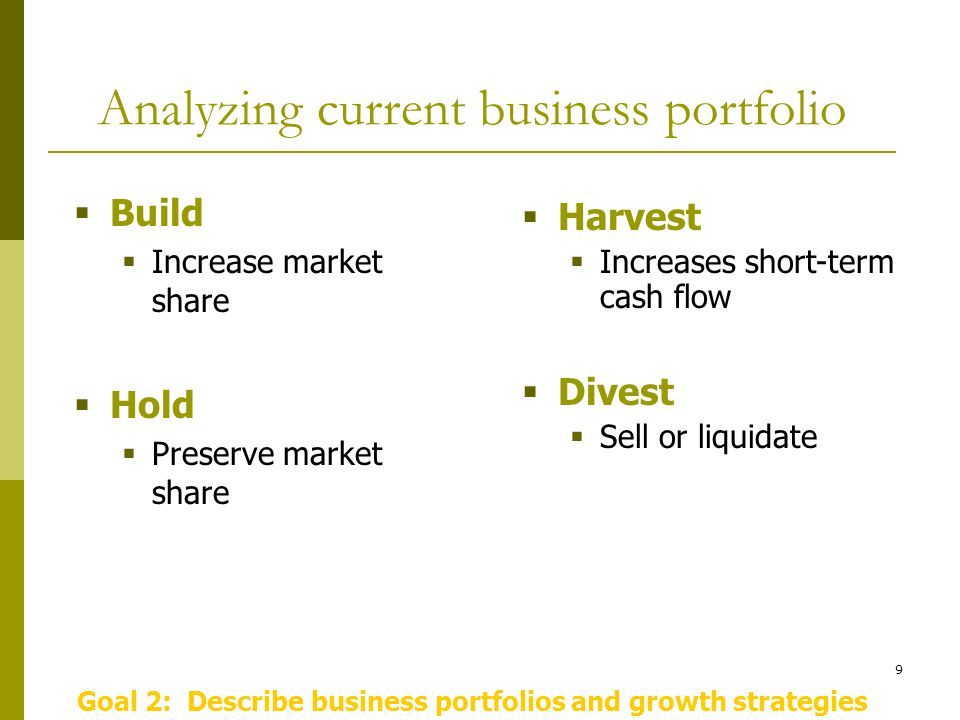 9 Analyzing current business portfolio  Build  Increase market share  Hold  Preserve market share  Harvest  Increases short-term cash flow  Divest  Sell or liquidate Goal 2: Describe business portfolios and growth strategies
