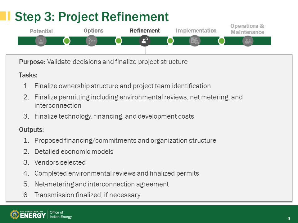 Potential OptionsRefinementImplementation Operations & Maintenance Step 3: Project Refinement 9 Purpose: Validate decisions and finalize project structure Tasks: 1.Finalize ownership structure and project team identification 2.Finalize permitting including environmental reviews, net metering, and interconnection 3.Finalize technology, financing, and development costs Outputs: 1.Proposed financing/commitments and organization structure 2.Detailed economic models 3.Vendors selected 4.Completed environmental reviews and finalized permits 5.Net-metering and interconnection agreement 6.Transmission finalized, if necessary