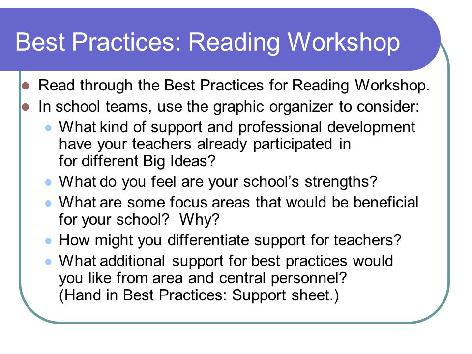 Best Practices: Reading Workshop Read through the Best Practices for Reading Workshop.