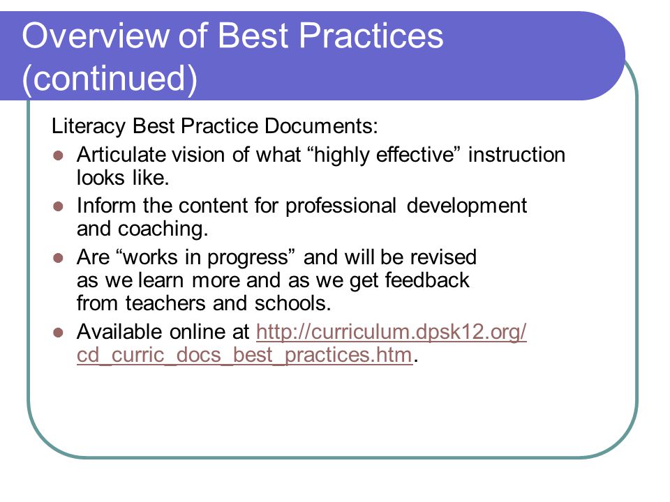 Overview of Best Practices (continued) Literacy Best Practice Documents: Articulate vision of what highly effective instruction looks like.