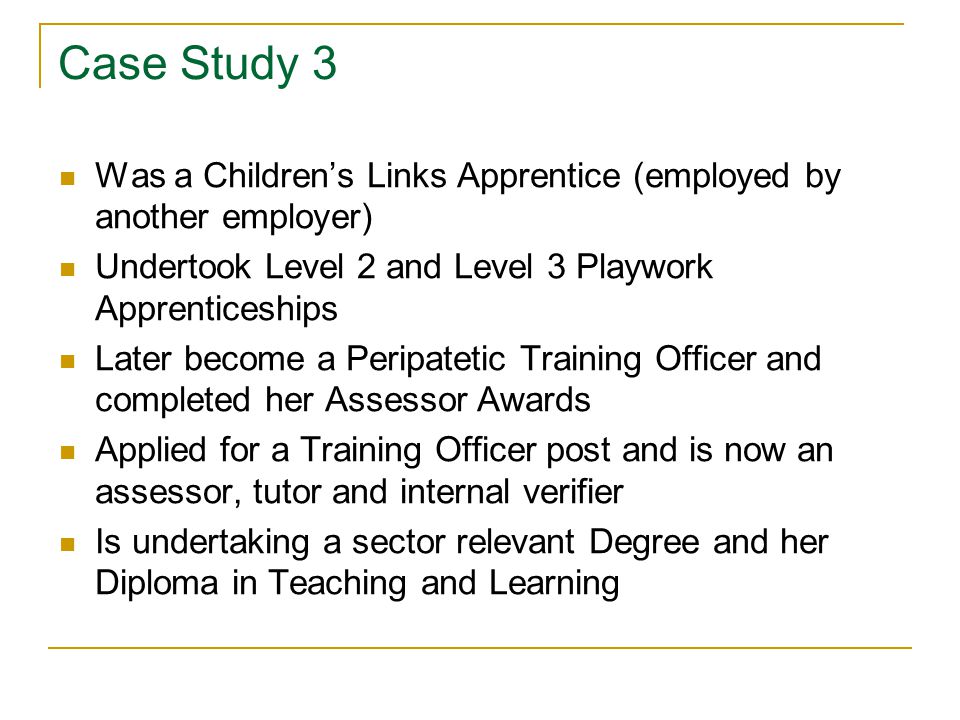 Case Study 3 Was a Children’s Links Apprentice (employed by another employer) Undertook Level 2 and Level 3 Playwork Apprenticeships Later become a Peripatetic Training Officer and completed her Assessor Awards Applied for a Training Officer post and is now an assessor, tutor and internal verifier Is undertaking a sector relevant Degree and her Diploma in Teaching and Learning