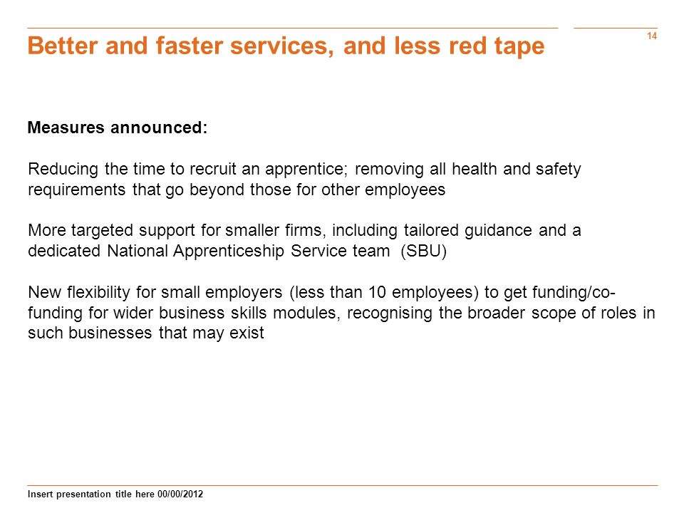 14 Insert presentation title here 00/00/2012 Better and faster services, and less red tape Measures announced: Reducing the time to recruit an apprentice; removing all health and safety requirements that go beyond those for other employees More targeted support for smaller firms, including tailored guidance and a dedicated National Apprenticeship Service team (SBU) New flexibility for small employers (less than 10 employees) to get funding/co- funding for wider business skills modules, recognising the broader scope of roles in such businesses that may exist