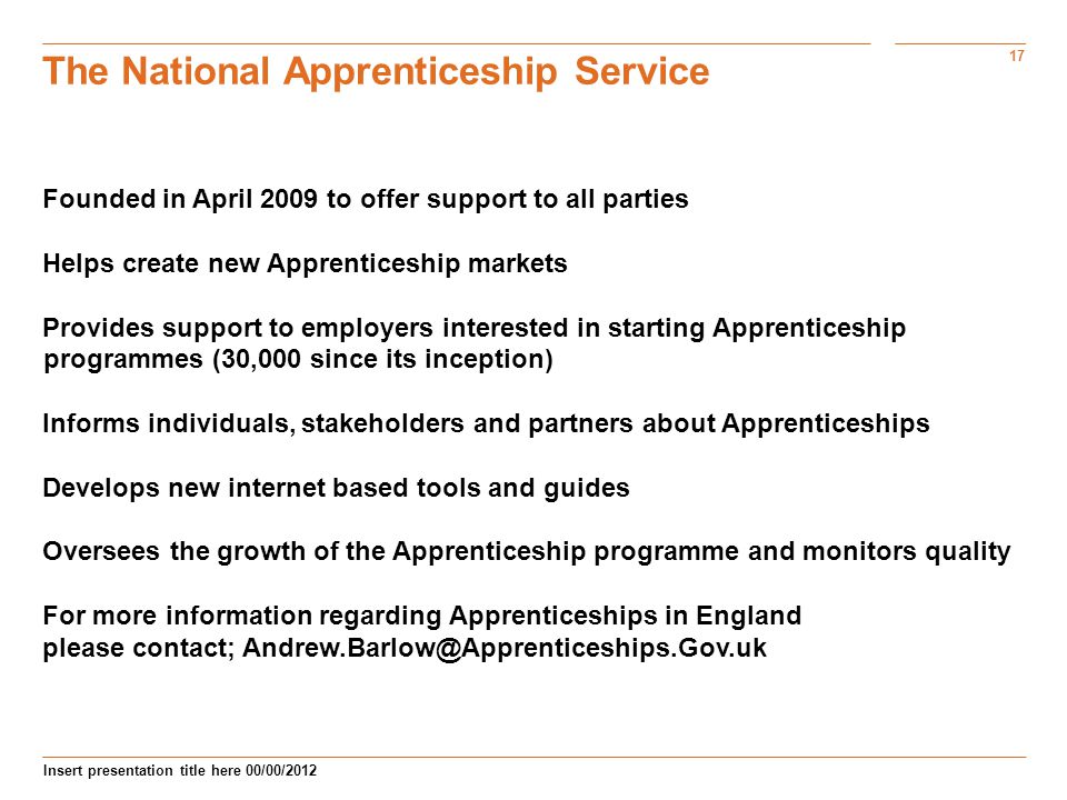 17 Insert presentation title here 00/00/2012 The National Apprenticeship Service Founded in April 2009 to offer support to all parties Helps create new Apprenticeship markets Provides support to employers interested in starting Apprenticeship programmes (30,000 since its inception) Informs individuals, stakeholders and partners about Apprenticeships Develops new internet based tools and guides pprenticeships.org.ukpprenticeships.org.uk Oversees the growth of the Apprenticeship programme and monitors quality For more information regarding Apprenticeships in England please contact;