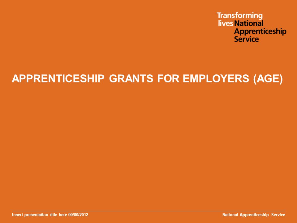 Insert presentation title here 00/00/2012 APPRENTICESHIP GRANTS FOR EMPLOYERS (AGE) National Apprenticeship Service