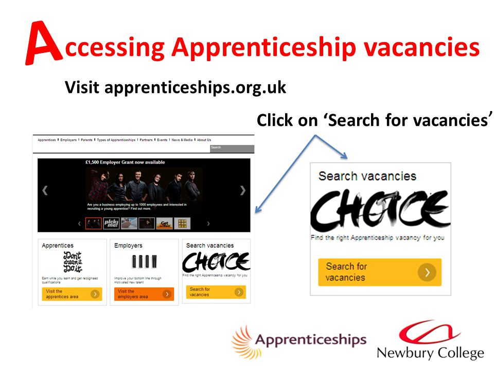 ccessing Apprenticeship vacancies A Visit apprenticeships.org.uk Click on ‘Search for vacancies ’