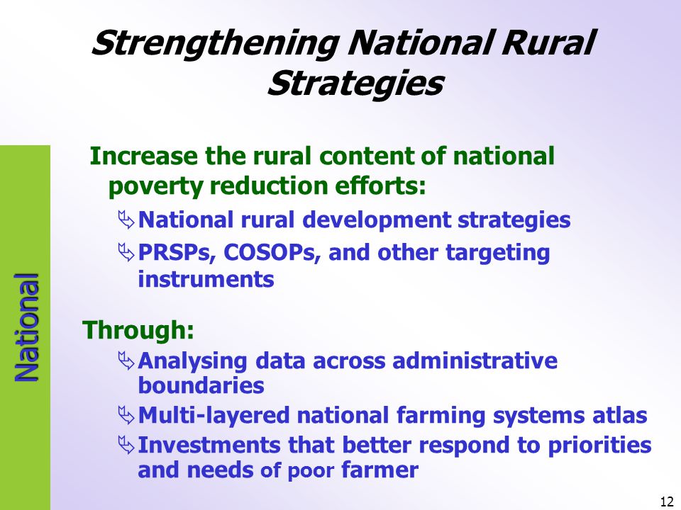 12 National Strengthening National Rural Strategies Increase the rural content of national poverty reduction efforts:  National rural development strategies  PRSPs, COSOPs, and other targeting instruments Through:  Analysing data across administrative boundaries  Multi-layered national farming systems atlas  Investments that better respond to priorities and needs of poor farmer