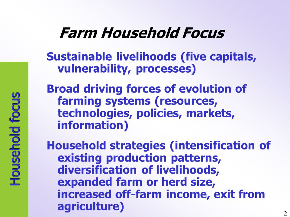2 Household focus Sustainable livelihoods (five capitals, vulnerability, processes) Broad driving forces of evolution of farming systems (resources, technologies, policies, markets, information) Household strategies (intensification of existing production patterns, diversification of livelihoods, expanded farm or herd size, increased off-farm income, exit from agriculture) Farm Household Focus