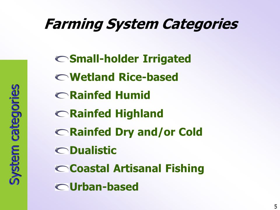 5 System categories Small-holder Irrigated Wetland Rice-based Rainfed Humid Rainfed Highland Rainfed Dry and/or Cold Dualistic Coastal Artisanal Fishing Urban-based Farming System Categories