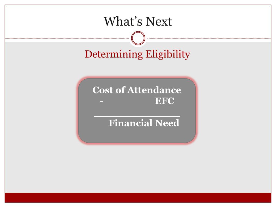 What’s Next Determining Eligibility Cost of Attendance - EFC ____________ Financial Need