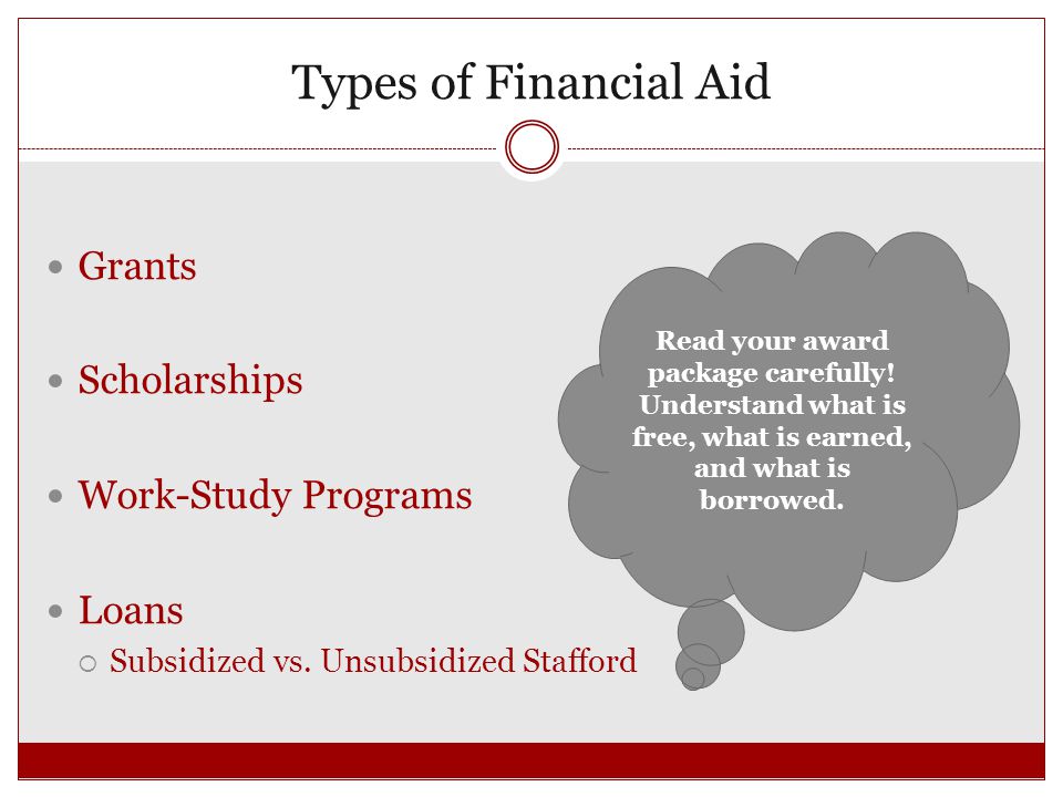 Types of Financial Aid Grants Scholarships Work-Study Programs Loans  Subsidized vs.