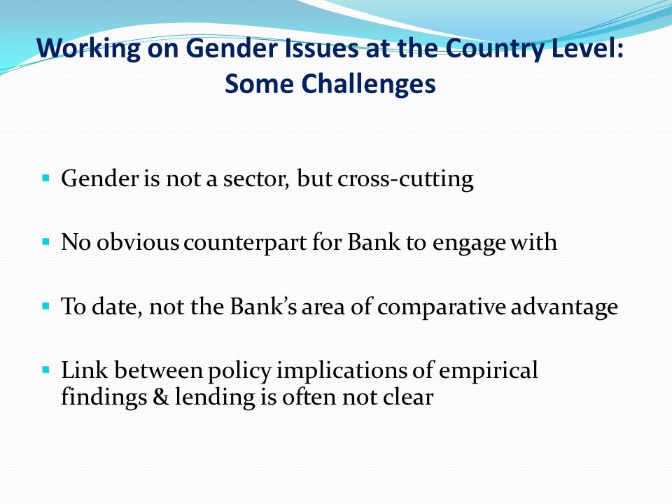 Working on Gender Issues at the Country Level: Some Challenges  Gender is not a sector, but cross-cutting  No obvious counterpart for Bank to engage with  To date, not the Bank’s area of comparative advantage  Link between policy implications of empirical findings & lending is often not clear