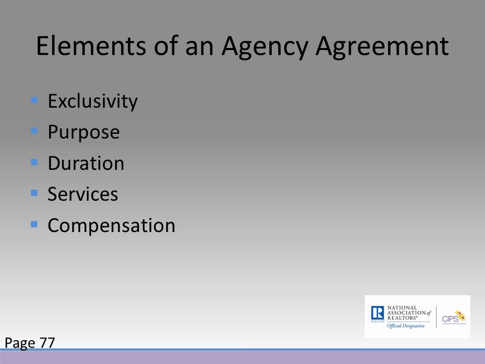 Elements of an Agency Agreement  Exclusivity  Purpose  Duration  Services  Compensation Page 77