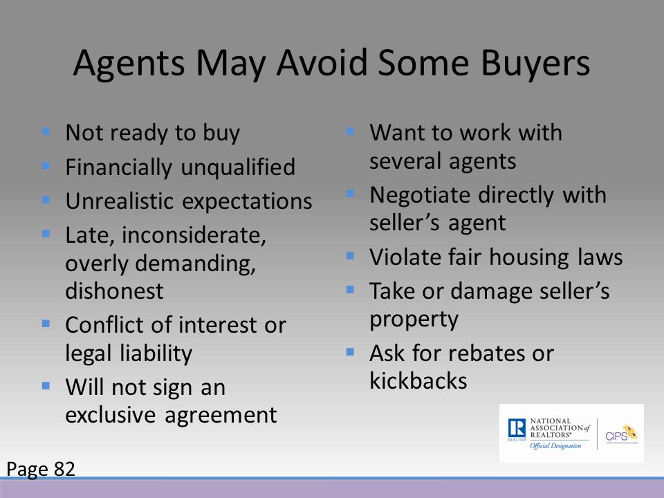 Agents May Avoid Some Buyers  Not ready to buy  Financially unqualified  Unrealistic expectations  Late, inconsiderate, overly demanding, dishonest  Conflict of interest or legal liability  Will not sign an exclusive agreement  Want to work with several agents  Negotiate directly with seller’s agent  Violate fair housing laws  Take or damage seller’s property  Ask for rebates or kickbacks Page 82