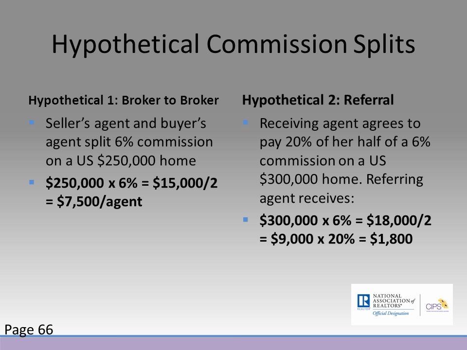 Hypothetical Commission Splits Hypothetical 1: Broker to Broker  Seller’s agent and buyer’s agent split 6% commission on a US $250,000 home  $250,000 x 6% = $15,000/2 = $7,500/agent Hypothetical 2: Referral  Receiving agent agrees to pay 20% of her half of a 6% commission on a US $300,000 home.