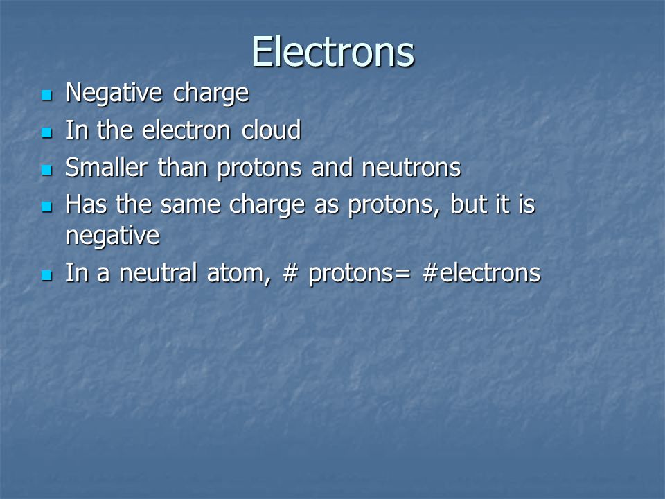 Electrons Negative charge Negative charge In the electron cloud In the electron cloud Smaller than protons and neutrons Smaller than protons and neutrons Has the same charge as protons, but it is negative Has the same charge as protons, but it is negative In a neutral atom, # protons= #electrons In a neutral atom, # protons= #electrons