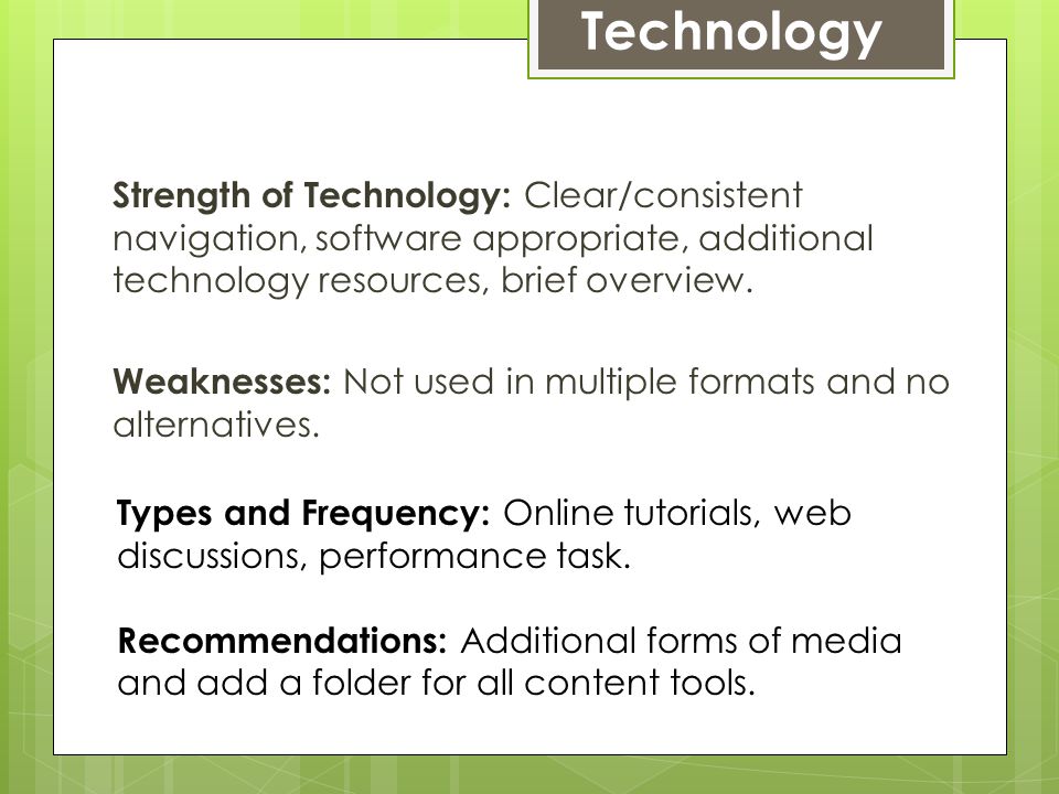 Technology Strength of Technology: Clear/consistent navigation, software appropriate, additional technology resources, brief overview.