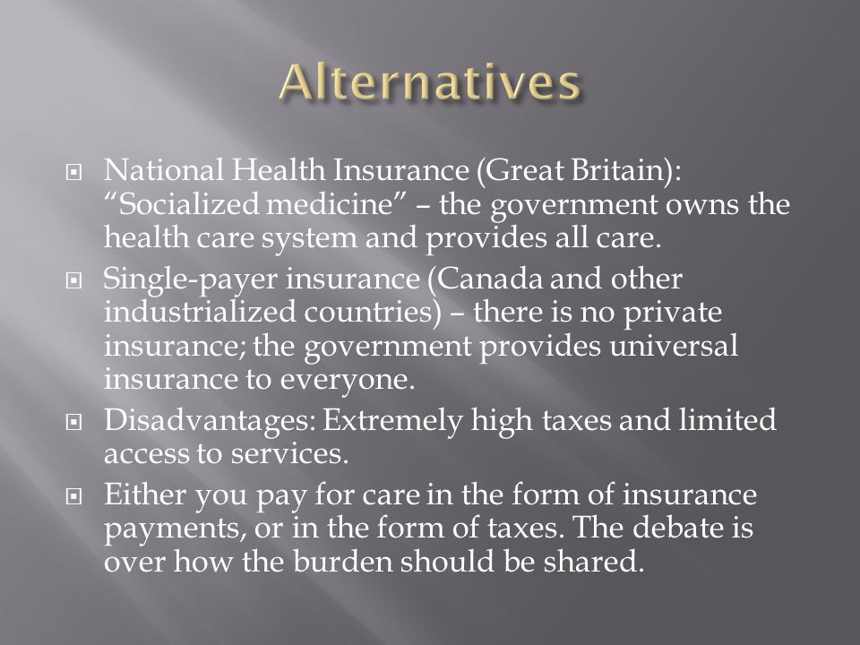  National Health Insurance (Great Britain): Socialized medicine – the government owns the health care system and provides all care.