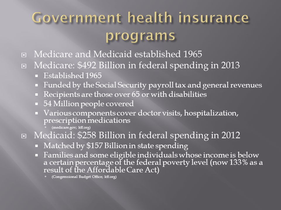  Medicare and Medicaid established 1965  Medicare: $492 Billion in federal spending in 2013  Established 1965  Funded by the Social Security payroll tax and general revenues  Recipients are those over 65 or with disabilities  54 Million people covered  Various components cover doctor visits, hospitalization, prescription medications  (medicare.gov; kff.org)  Medicaid: $258 Billion in federal spending in 2012  Matched by $157 Billion in state spending  Families and some eligible individuals whose income is below a certain percentage of the federal poverty level (now 133% as a result of the Affordable Care Act)  (Congressional Budget Office; kff.org)