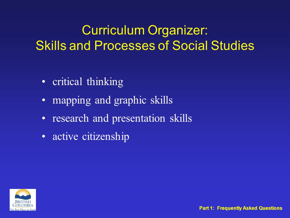 Curriculum Organizer: Skills and Processes of Social Studies critical thinking mapping and graphic skills research and presentation skills active citizenship Part 1: Frequently Asked Questions