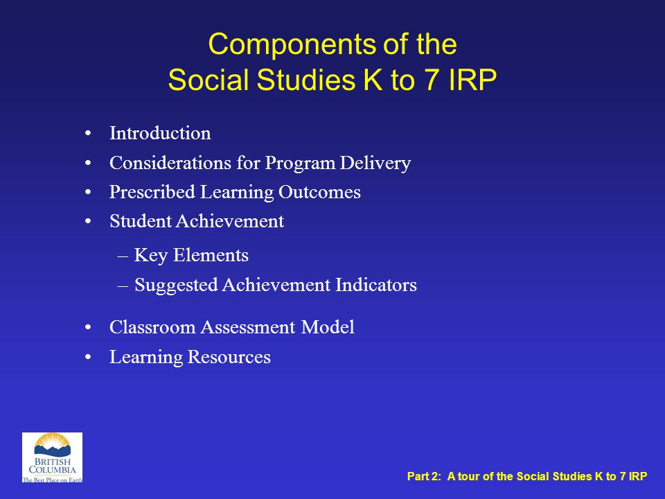 Components of the Social Studies K to 7 IRP Introduction Considerations for Program Delivery Prescribed Learning Outcomes Student Achievement Classroom Assessment Model Learning Resources –Key Elements –Suggested Achievement Indicators Part 2: A tour of the Social Studies K to 7 IRP