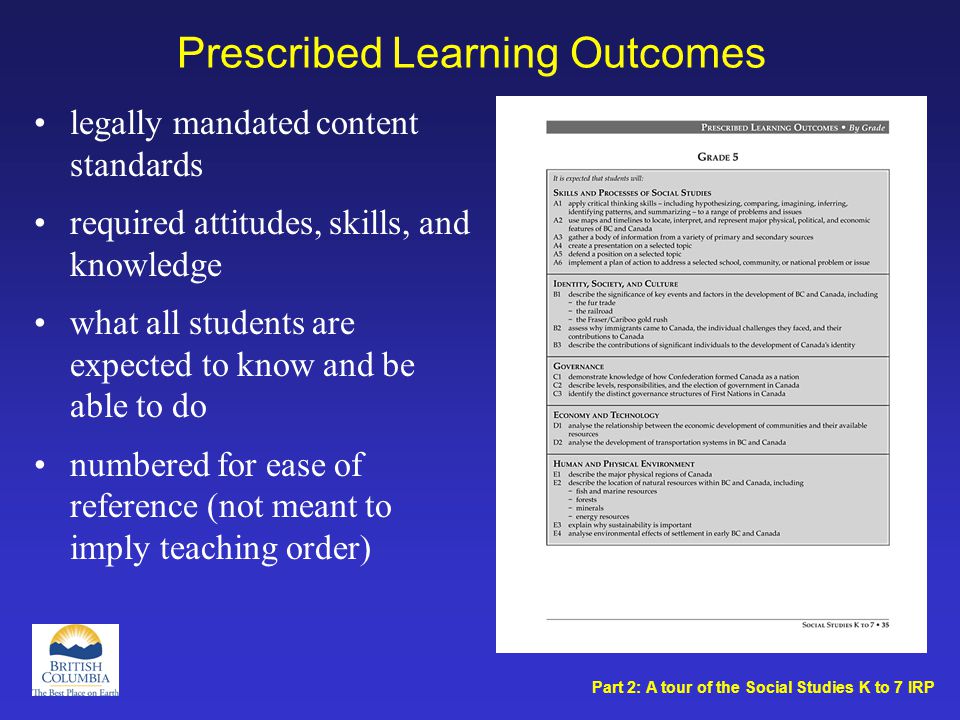 Prescribed Learning Outcomes legally mandated content standards required attitudes, skills, and knowledge what all students are expected to know and be able to do numbered for ease of reference (not meant to imply teaching order) Part 2: A tour of the Social Studies K to 7 IRP