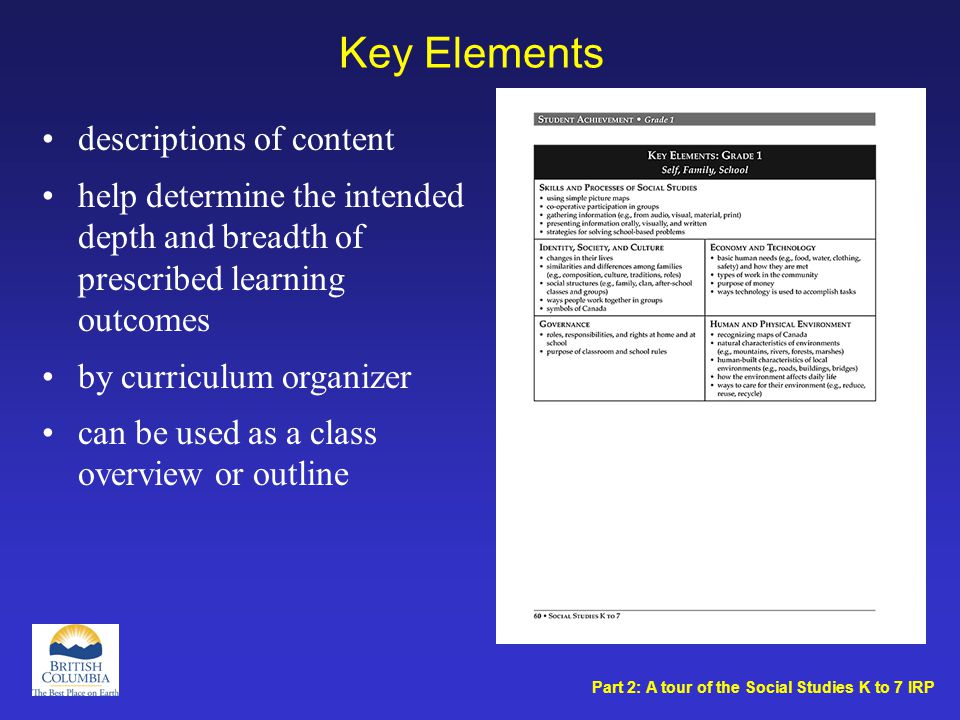 Key Elements descriptions of content help determine the intended depth and breadth of prescribed learning outcomes by curriculum organizer can be used as a class overview or outline Part 2: A tour of the Social Studies K to 7 IRP