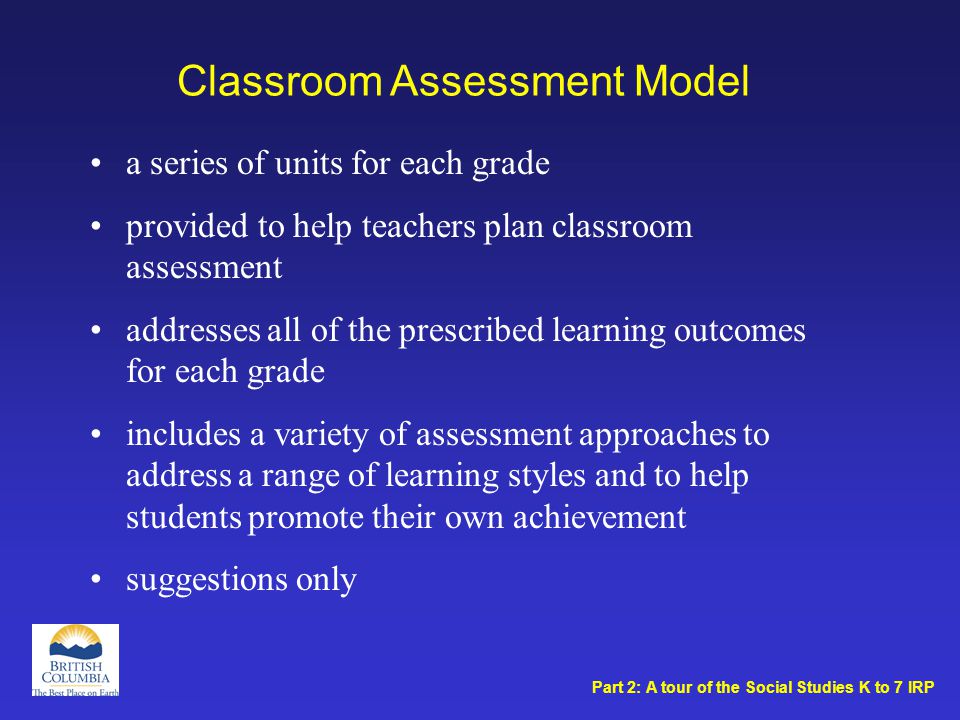 Classroom Assessment Model a series of units for each grade provided to help teachers plan classroom assessment addresses all of the prescribed learning outcomes for each grade includes a variety of assessment approaches to address a range of learning styles and to help students promote their own achievement suggestions only Part 2: A tour of the Social Studies K to 7 IRP