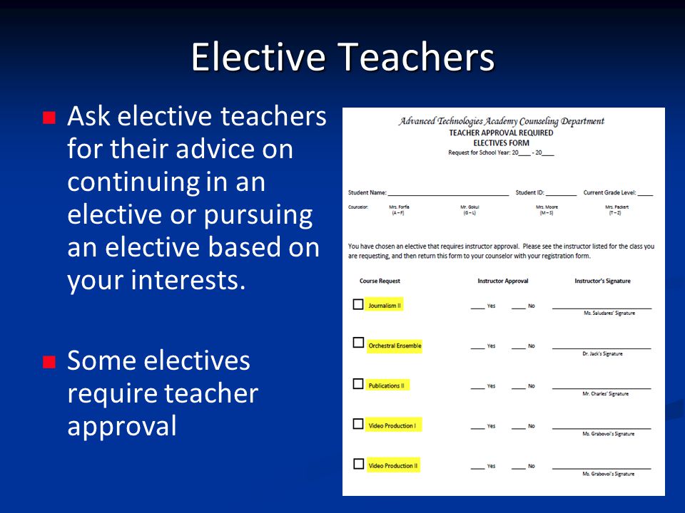 Elective Teachers Ask elective teachers for their advice on continuing in an elective or pursuing an elective based on your interests.
