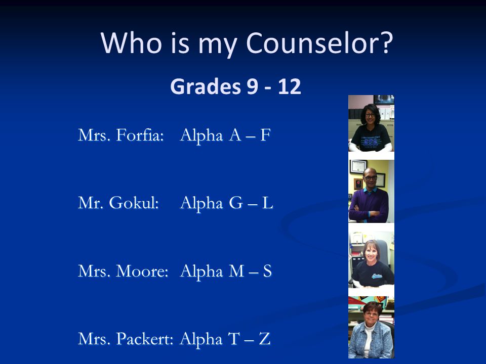 Who is my Counselor. Grades Mrs. Forfia: Alpha A – F Mr.