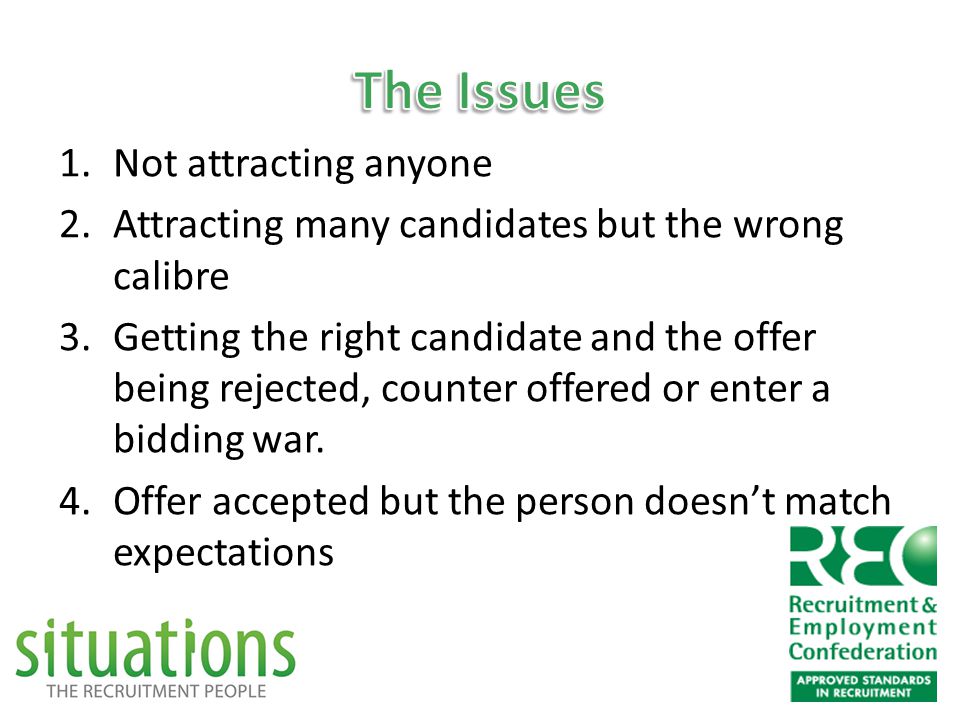 1.Not attracting anyone 2.Attracting many candidates but the wrong calibre 3.Getting the right candidate and the offer being rejected, counter offered or enter a bidding war.