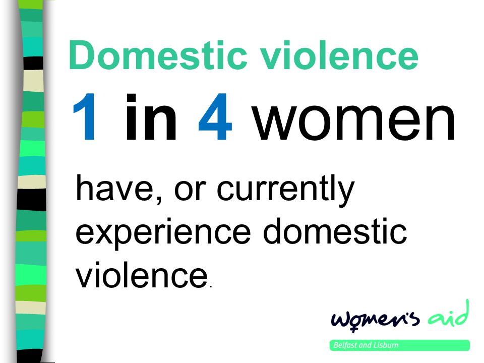 Domestic violence 1 in 4 women have, or currently experience domestic violence.
