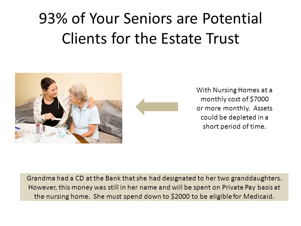 93% of Your Seniors are Potential Clients for the Estate Trust With Nursing Homes at a monthly cost of $7000 or more monthly.