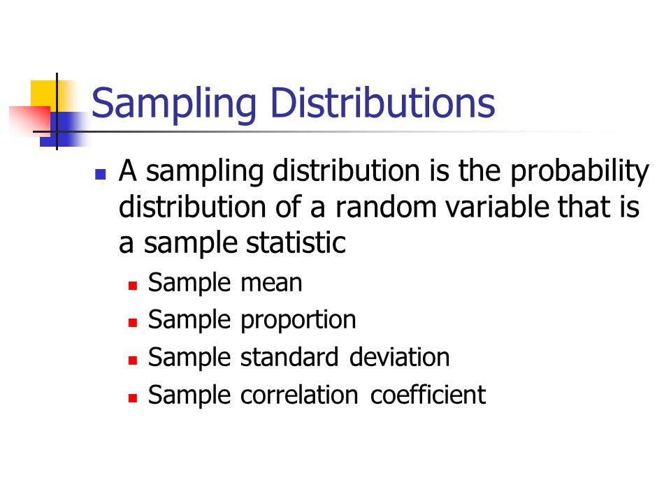 Sampling Distributions A sampling distribution is the probability distribution of a random variable that is a sample statistic Sample mean Sample proportion Sample standard deviation Sample correlation coefficient