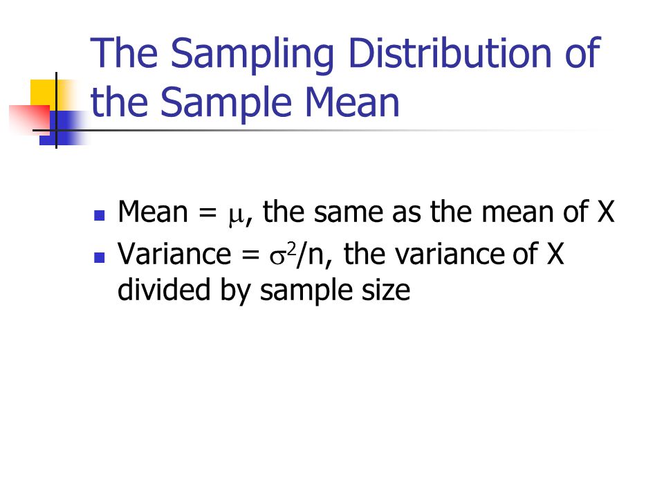 The Sampling Distribution of the Sample Mean Mean = , the same as the mean of X Variance =  2 /n, the variance of X divided by sample size