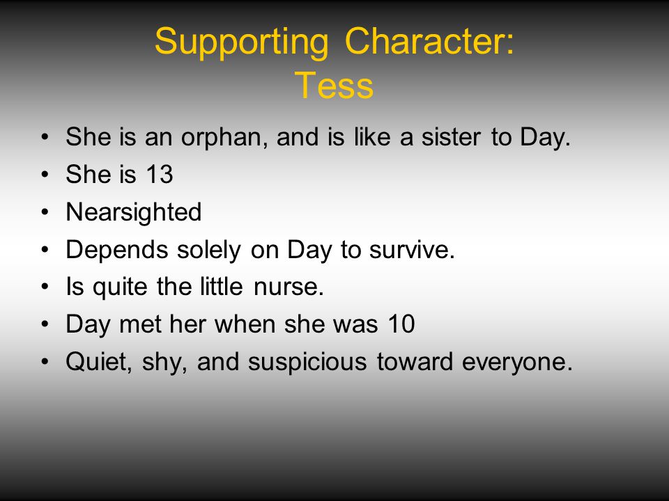 Supporting Character: Tess She is an orphan, and is like a sister to Day.