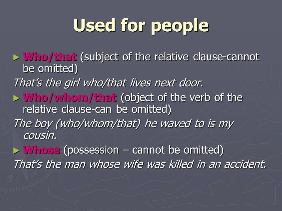 Used for people ► Who/that (subject of the relative clause-cannot be omitted) That’s the girl who/that lives next door.