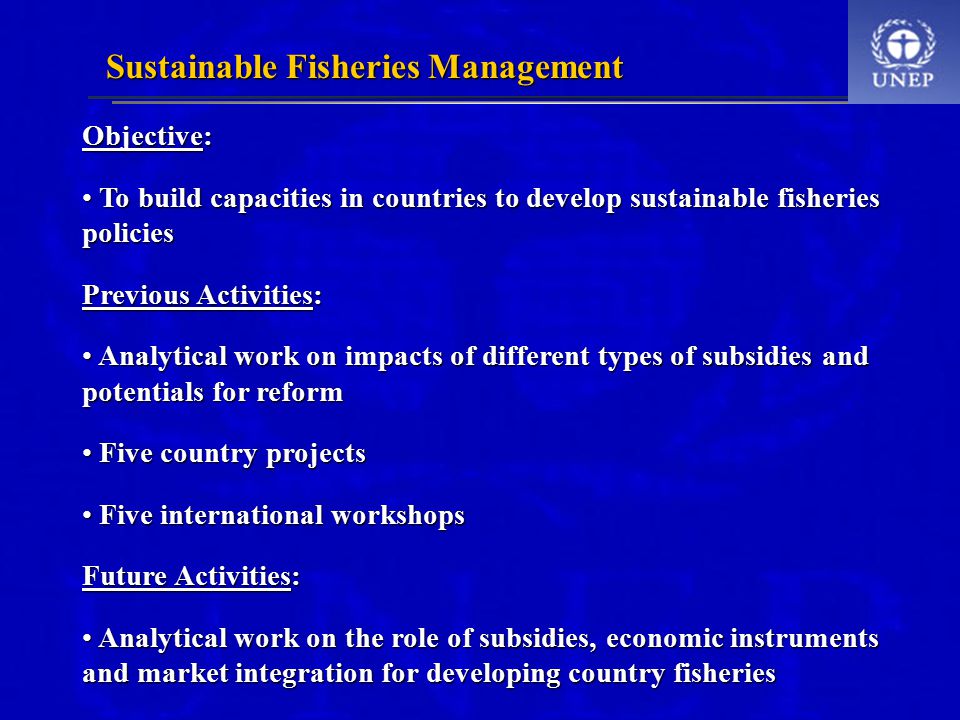 Objective: To build capacities in countries to develop sustainable fisheries policies To build capacities in countries to develop sustainable fisheries policies Previous Activities: Analytical work on impacts of different types of subsidies and potentials for reform Analytical work on impacts of different types of subsidies and potentials for reform Five country projects Five country projects Five international workshops Five international workshops Future Activities: Analytical work on the role of subsidies, economic instruments and market integration for developing country fisheries Analytical work on the role of subsidies, economic instruments and market integration for developing country fisheries Sustainable Fisheries Management