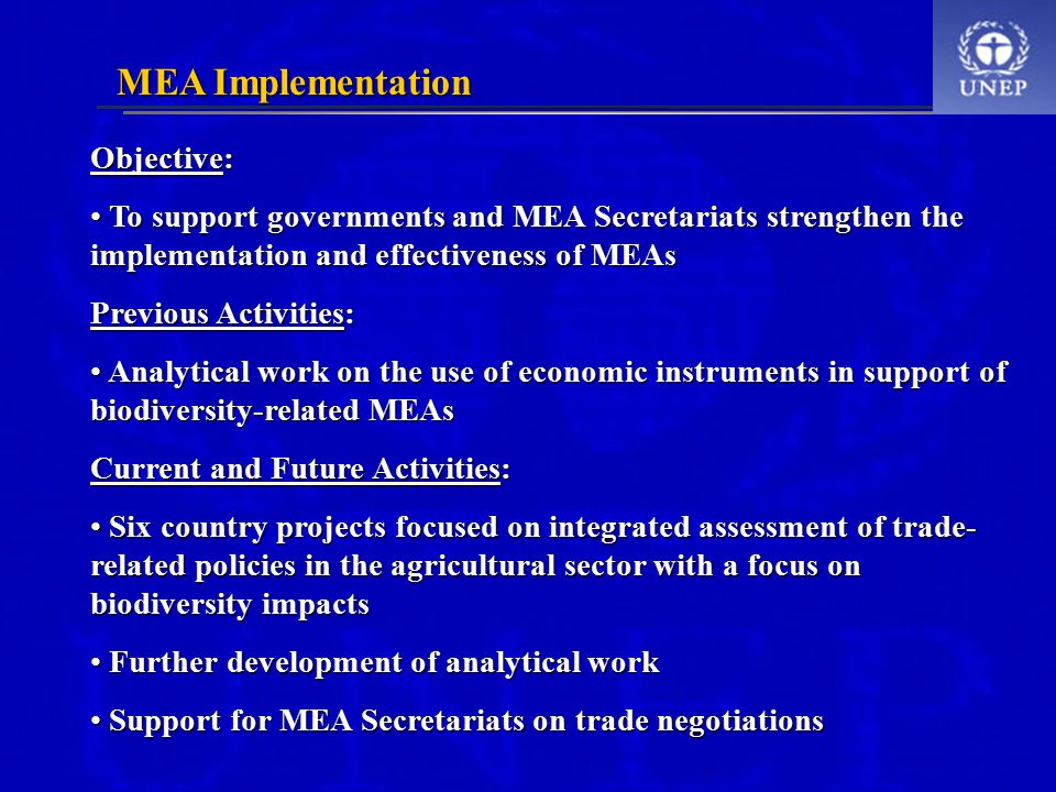 Objective: To support governments and MEA Secretariats strengthen the implementation and effectiveness of MEAs To support governments and MEA Secretariats strengthen the implementation and effectiveness of MEAs Previous Activities: Analytical work on the use of economic instruments in support of biodiversity-related MEAs Analytical work on the use of economic instruments in support of biodiversity-related MEAs Current and Future Activities: Six country projects focused on integrated assessment of trade- related policies in the agricultural sector with a focus on biodiversity impacts Six country projects focused on integrated assessment of trade- related policies in the agricultural sector with a focus on biodiversity impacts Further development of analytical work Further development of analytical work Support for MEA Secretariats on trade negotiations Support for MEA Secretariats on trade negotiations MEA Implementation