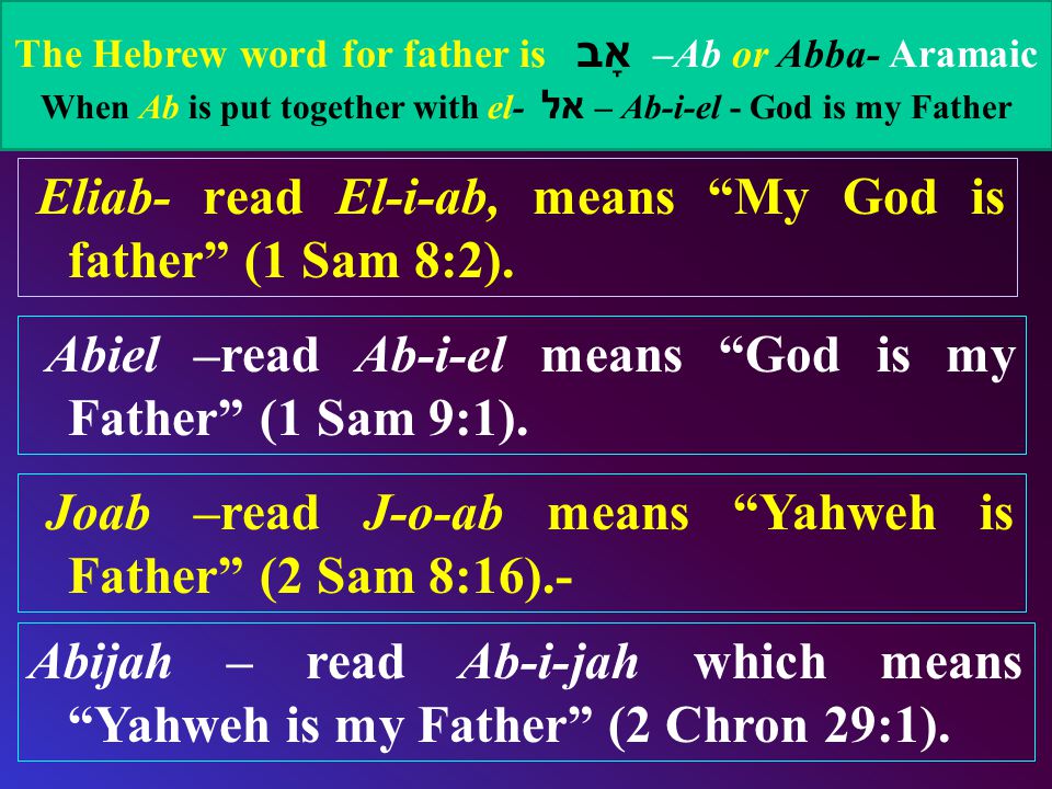 Eliab- read El-i-ab, means My God is father (1 Sam 8:2).